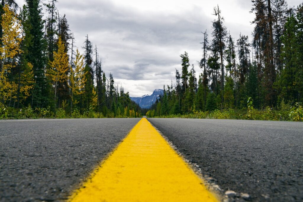 highway, wilderness, yellow line